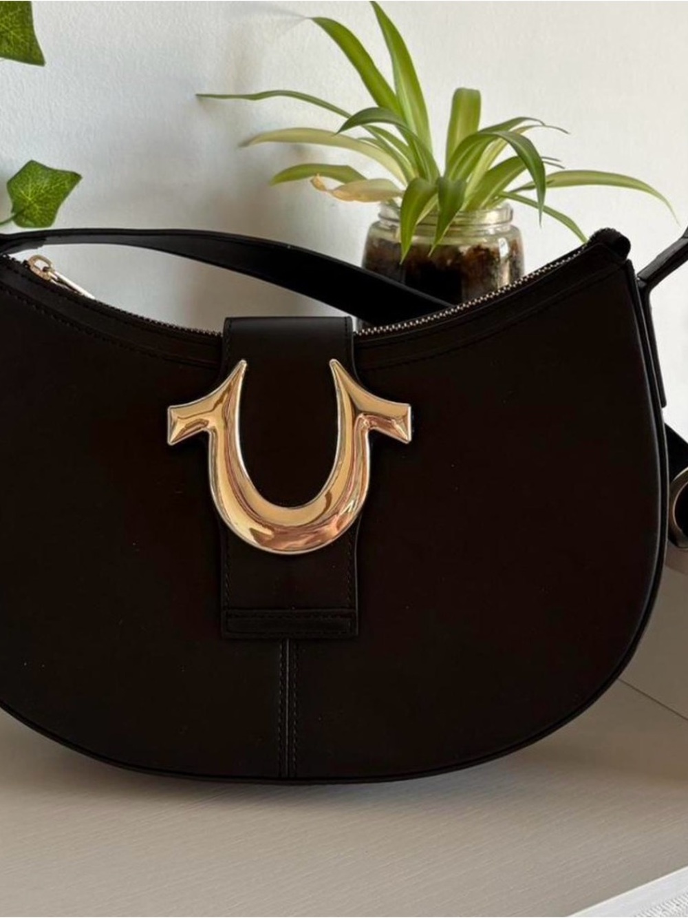 True Religion Black Shoulder Saddle Bag with Gold U Accent